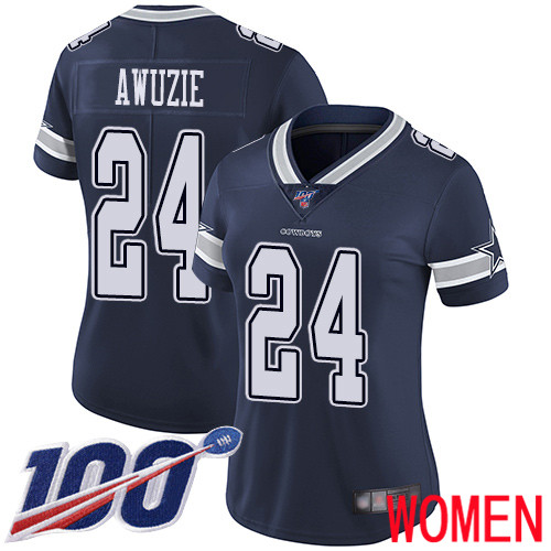 Women Dallas Cowboys Limited Navy Blue Chidobe Awuzie Home #24 100th Season Vapor Untouchable NFL Jersey->women nfl jersey->Women Jersey